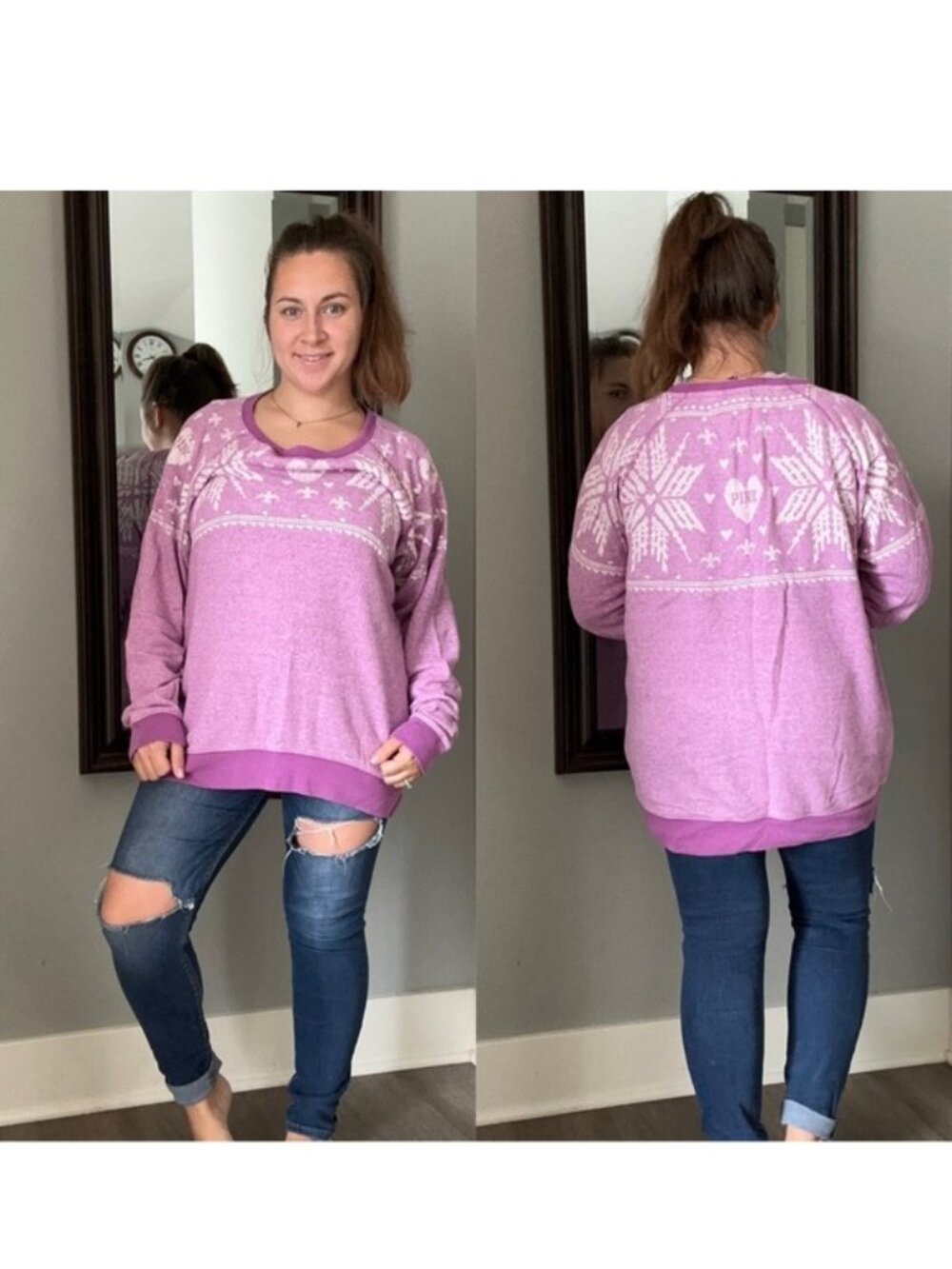 Victoria's Secret PINK | Lavender Fair Isle Snowflake Crew Sweater | Size Small - Picture 2 of 12